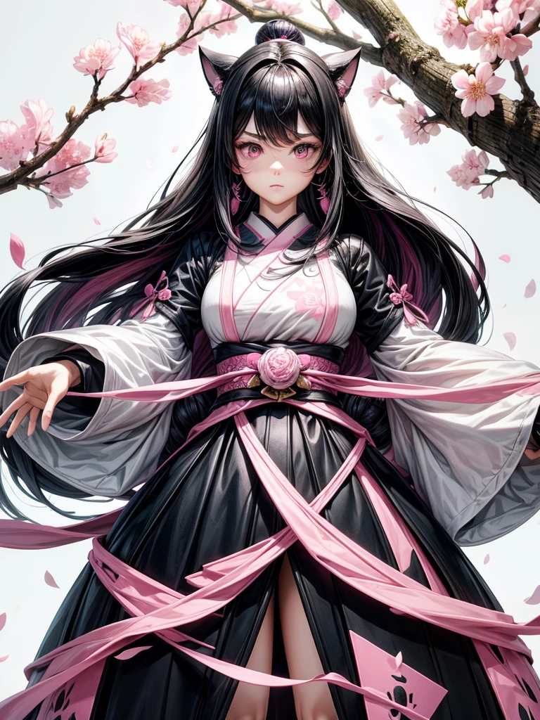 best quality, character design sheet, adult woman、No hat on, Black and pink hair, whole body, Head to Toe, Fortuneteller、Standing facing forward, Beautiful black dress, long Black Hair, Pure white background, from front, best quality, Cherry blossom pattern、Japanese、Adult Japanese、Clear eyes、Standing facing forward、The face is facing forward、holding a magic card in hand、White background、Black western dress、Neutral face、Black hair with pink inner color
