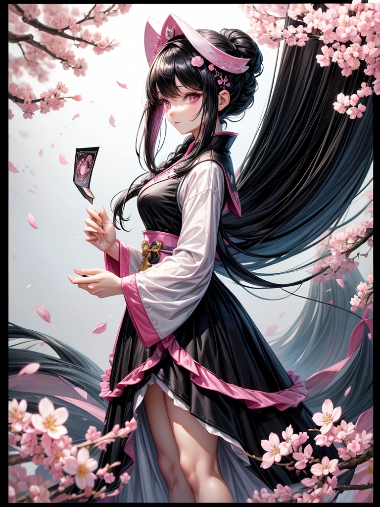 best quality, character design sheet, adult woman、No hat on, Black and pink hair, whole body, Head to Toe, Fortuneteller、Standing facing forward, Beautiful black dress, long Black Hair, Pure white background, from front, best quality, Cherry blossom pattern、Japanese、Adult Japanese、Clear eyes、Standing facing forward、The face is facing forward、holding a magic card in hand、White background、Black western dress、Neutral face、Black hair with pink inner color