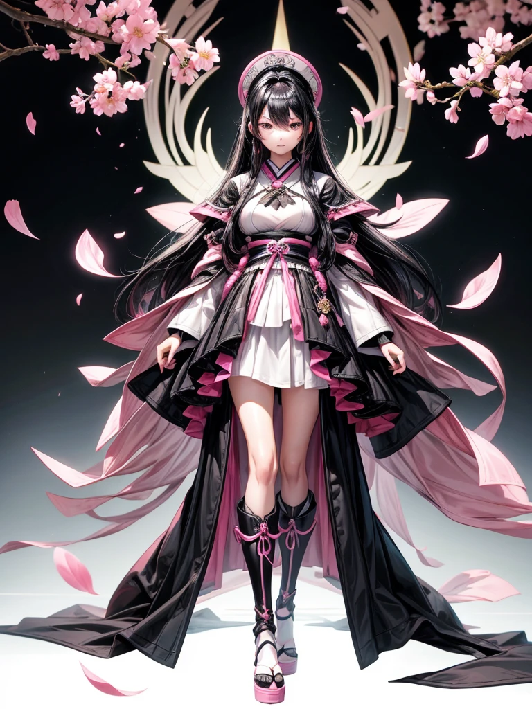 best quality, character design sheet, adult woman、No hat on, Black and pink hair, whole body, Head to Toe, Fortuneteller、Standing facing forward, Beautiful black dress, long Black Hair, Pure white background, from front, best quality, Cherry blossom pattern、Japanese、Adult Japanese、Clear eyes、Standing facing forward、The face is facing forward、holding a magic card in hand、White background、Black western dress、Neutral face、Black hair with pink inner color