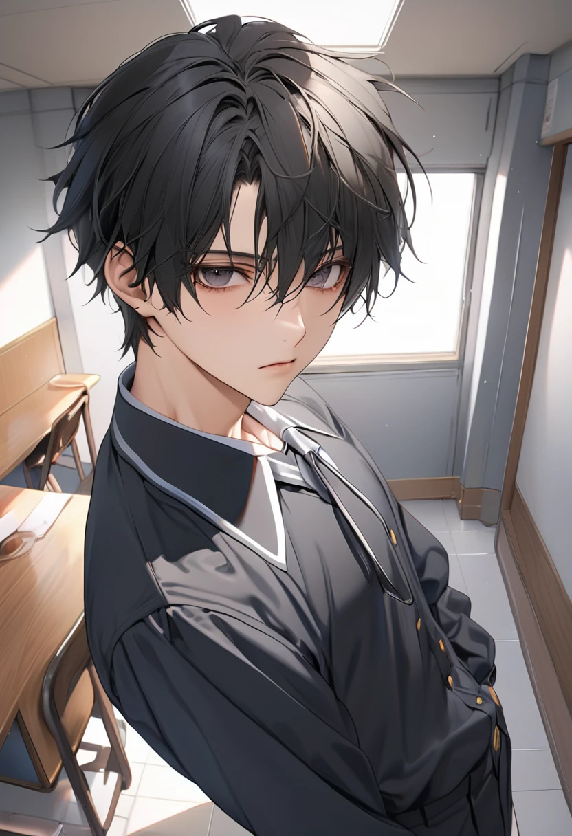 A high boy, handsome, perfect body, black hair, short hair, mullet, black eyes, upturned eyes, expressionless, black highschool uniform, anime, first-person view, masterpiece, anatomically correct, high details, highres, best quality, super detail, 1080P