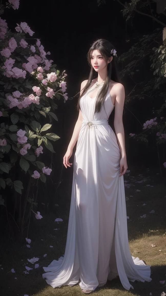 1girl, girl with long black hair, smiling, cheerful, the girl wearing white long dress, girl is standing among a wide expanse of flowers,girl posing gracefully , surrounded by beautiful flowers, Calm and peaceful atmosphere, night, moonlight , Beautiful glowing butterflies surround the girl lighting up the darkness of the night, magic,Romantic, the night breeze blows the Sepoi Sepoi girl's hair,