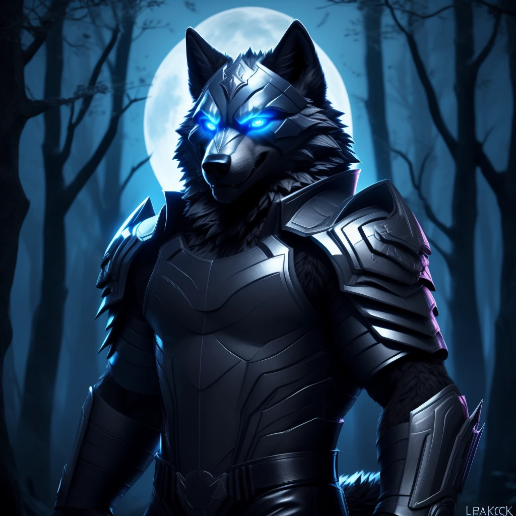Posing, Male, 30 years old, biting lip smile, suit of gothic armour, bedroom eyes, anthro, wolf ears, (blakck fur:1.5), wolf, forest background at night, 8k, hi res, (best quality, masterpiece), blue glowing eyes, (wolf tail:1.5), detailed fur