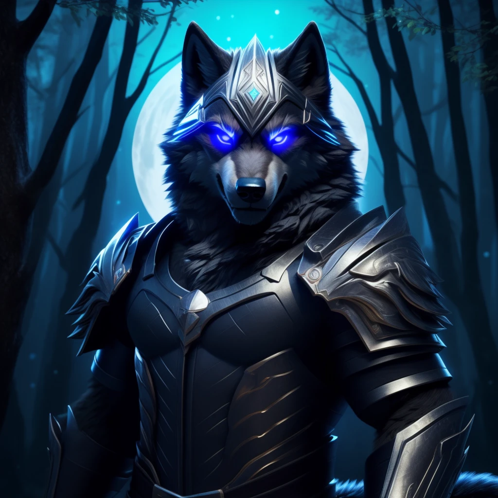 Posing, Male, 30 years old, biting lip smile, suit of gothic armour, bedroom eyes, anthro, wolf ears, (blakck fur:1.5), wolf, forest background at night, 8k, hi res, (best quality, masterpiece), blue glowing eyes, (wolf tail:1.5), detailed fur