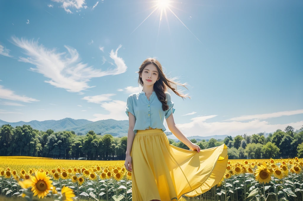 (((best quality))), (((ultra detailed))), (((masterpiece))), illustration, a picturesque scene of a beautiful Ukrainian girl standing amidst a field of sunflowers, short braided blonde hair, ((vibrant blue shirt,Maxi bright yellow skirt)), complementary attire, horizon as backdrop, brilliant shade of clear blue sky, stark contrast with yellow flowers, sea of yellow sunflowers, girl's presence adds intimacy, striking features, sharp piercing eyes, warm kindness, subtle smile, gentle nature, simplicity of beauty, natural setting, yellow dress cascading to ankles, fluttering in gentle breeze, short braids tied with colorful ribbons, playfulness, beauty in simplicity, girl standing out against vivid backdrop, harmonious fusion of nature's splendor and human grace, viewer captivated by girl's beauty, serenity of sunflower field, invites imagination of tranquility, away from chaos of everyday life, reminder of inherent beauty in world around us, waiting to be discovered