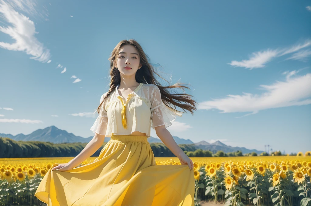 (((best quality))), (((ultra detailed))), (((masterpiece))), illustration, a picturesque scene of a beautiful Ukrainian girl standing amidst a field of sunflowers, short braided blonde hair, ((vibrant blue shirt,Maxi bright yellow skirt)), complementary attire, horizon as backdrop, brilliant shade of clear blue sky, stark contrast with yellow flowers, sea of yellow sunflowers, girl's presence adds intimacy, striking features, sharp piercing eyes, warm kindness, subtle smile, gentle nature, simplicity of beauty, natural setting, yellow dress cascading to ankles, fluttering in gentle breeze, short braids tied with colorful ribbons, playfulness, beauty in simplicity, girl standing out against vivid backdrop, harmonious fusion of nature's splendor and human grace, viewer captivated by girl's beauty, serenity of sunflower field, invites imagination of tranquility, away from chaos of everyday life, reminder of inherent beauty in world around us, waiting to be discovered