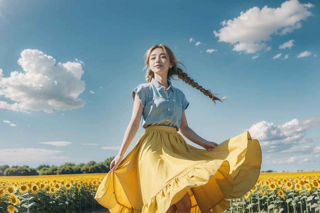(((best quality))), (((ultra detailed))), (((masterpiece))), illustration, a picturesque scene of a beautiful Ukrainian girl standing amidst a field of sunflowers, short braided blonde hair, ((vibrant blue shirt,Maxi bright yellow skirt)), complementary attire, horizon as backdrop, brilliant shade of clear blue sky, stark contrast with yellow flowers, sea of yellow sunflowers, girl's presence adds intimacy, striking features, sharp piercing eyes, warm kindness, subtle smile, gentle nature, simplicity of beauty, natural setting, yellow dress cascading to ankles, fluttering in gentle breeze, short braids tied with colorful ribbons, playfulness, beauty in simplicity, girl standing out against vivid backdrop, harmonious fusion of nature's splendor and human grace, viewer captivated by girl's beauty, serenity of sunflower field, invites imagination of tranquility, away from chaos of everyday life, reminder of inherent beauty in world around us, waiting to be discovered