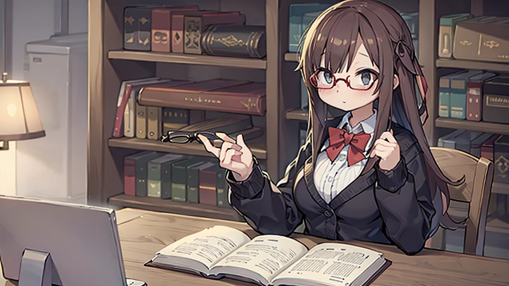 Huge library、1 Librarian、A woman、Small round glasses、
