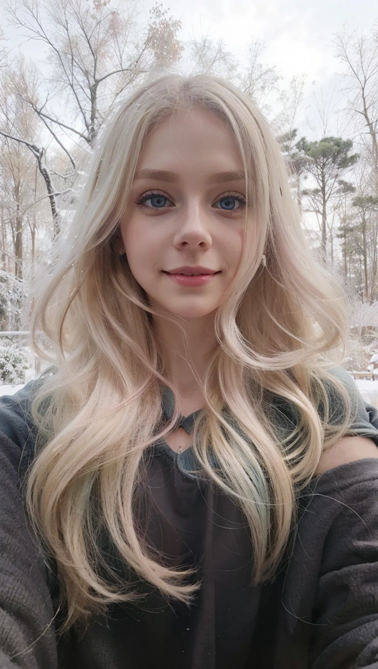 Tall pale blonde girl with blue-green eyes and soft and shiny silky hair with her green sweatshirt and pink pants smiling taking photo in the snow with her pink cheek and her small lip with lip tint