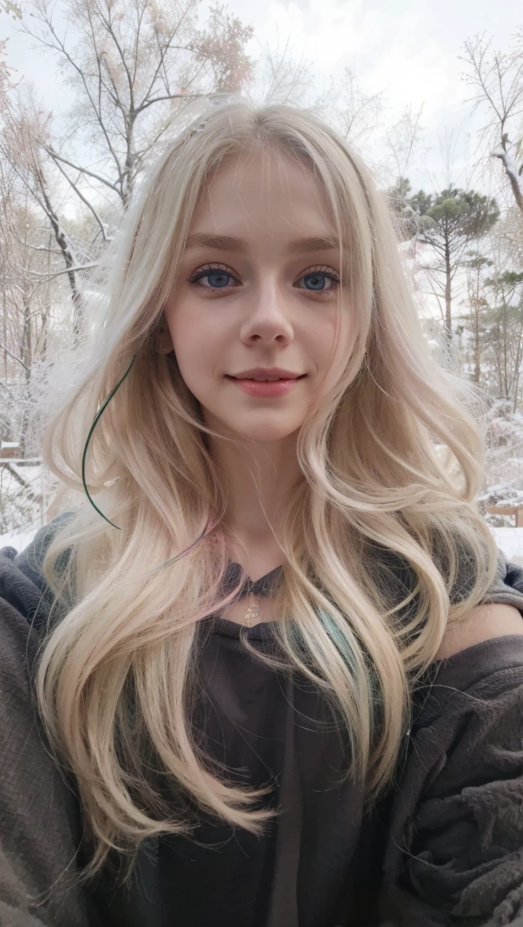 Tall pale blonde girl with blue-green eyes and soft and shiny silky hair with her green sweatshirt and pink pants smiling taking photo in the snow with her pink cheek and her small lip with lip tint