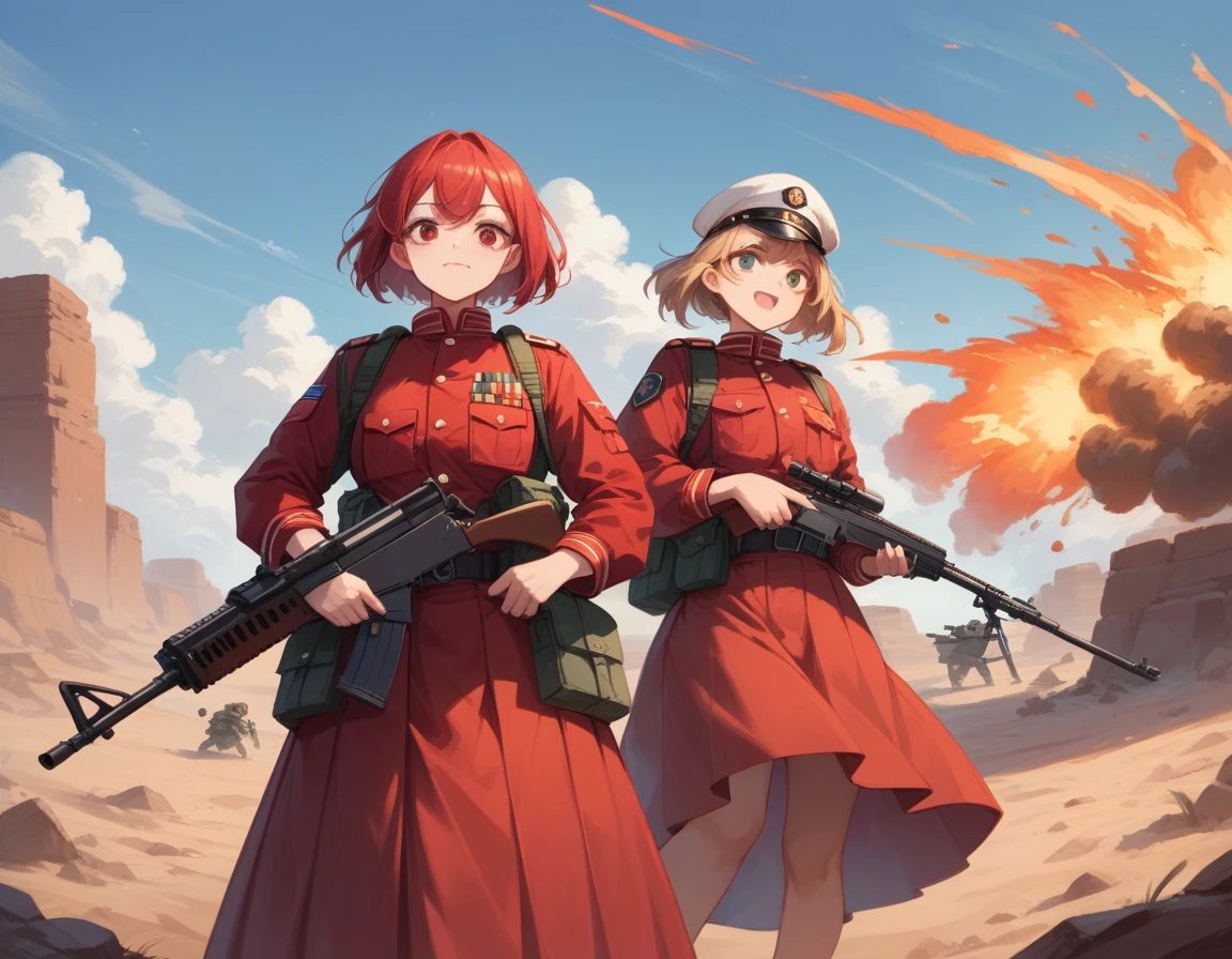 A platoon of girls in bright red military uniforms and long red skirts、A pair of a girl platoon leader and a soldier wearing a red military uniform and a red long skirt and equipped with two assault rifles、desert、A big explosion behind