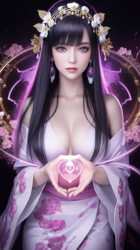 (masterpiece, top quality, 1 female, solo, exquisite details, chromatic aberration), (realistic), (skin), ((breathing)), (silver hair, blunt bangs, cropped straight long hair, short bangs, silver hair), beautiful hair, red headdress, highlights, hair on one eye, beautiful eyes, purple eyes, thick lips, earrings, piercing eyes, ((gold and white kimono)), ((symmetrical eyes)), ((perfectly symmetrical body)), ((perfectly symmetrical hands)), (purerosface_v1:0.3), night, ((self, natural light))), bright lighting, flowers blooming in the background, in front of the viewer, ((central shot, from the front, (face and shoulders))), mysterious atmosphere, colorful flowers blooming around, bright colored background, fortune teller in kimono, beautiful fortune teller, fortune teller, fantasies Gee female fortune teller, female fortune teller, f fantasy photography, Japanese style, fortune teller in kimono, elegant cinematic fantasy art, fantasy woman, magician portrait, fortune teller, powerful wizard surrounded by mystical colorful flowers, holding a glowing heart crystal ball, eyes glowing with mystical energy, spells leaking from his mouth, vivid swirls of black magic pulsating with iridescent hues appear in the air, magic permeates, flowers bloom, sacred creatures gaze in awe, threads of magical energy dance, reveal hidden realms, unravel secrets, capture the essence of this enchanting moment and bring to life the mystical power of witchcraft on a canvas of the highest quality and finest detail. Best quality, masterpiece, ultra high resolution, (photorealistic: 1.4), RAW photo, sharp focus, high resolution, detailed skin.