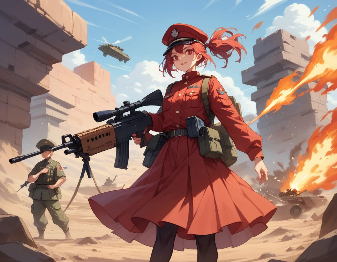 A platoon of girls in bright red military uniforms and long red skirts、A pair of a girl platoon leader and a soldier wearing a red military uniform and a red long skirt and equipped with two assault rifles、desert、A big explosion behind