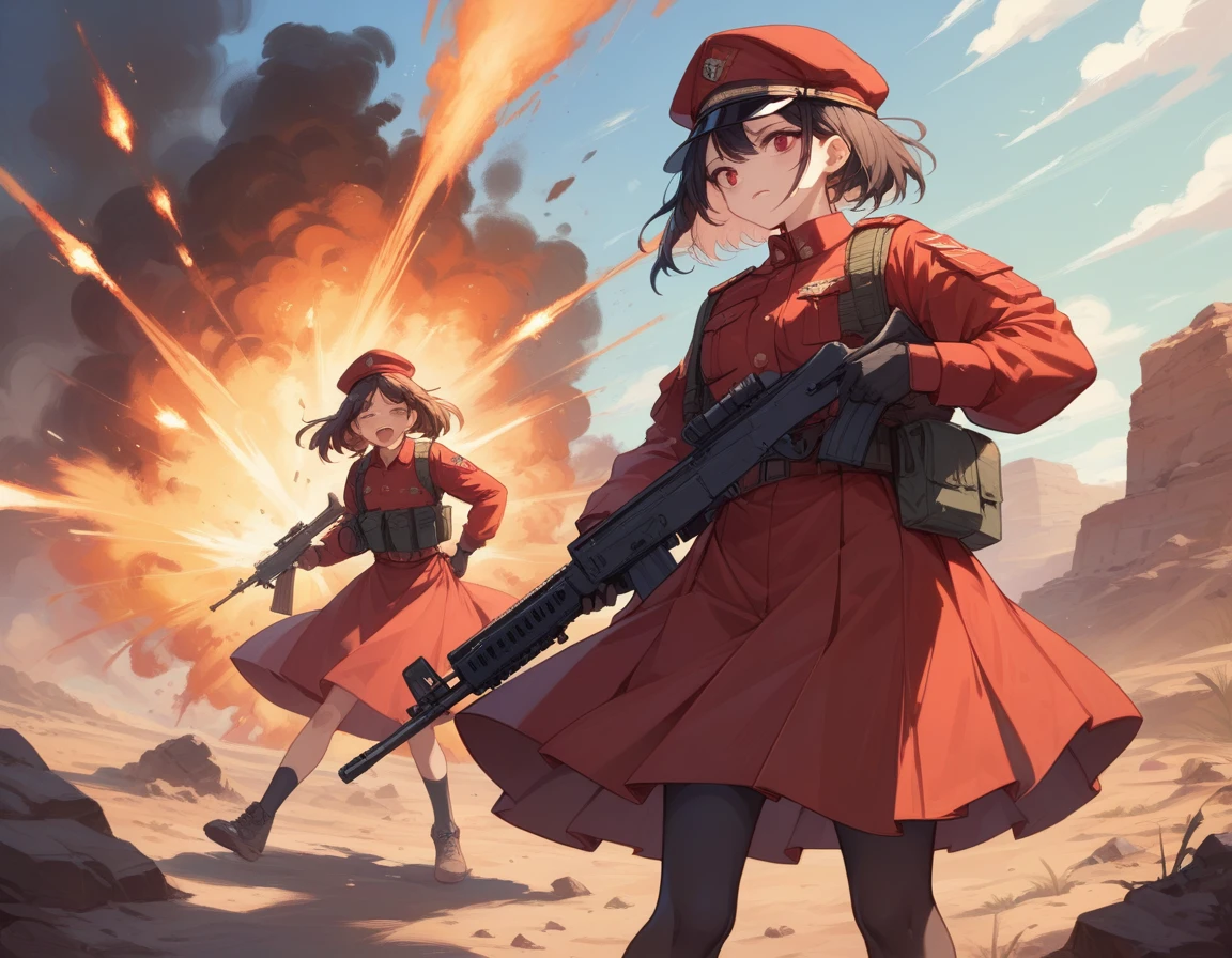 A platoon of girls in bright red military uniforms and long red skirts、A pair of a girl platoon leader and a soldier wearing a red military uniform and a red long skirt and equipped with two assault rifles、desert、A big explosion behind