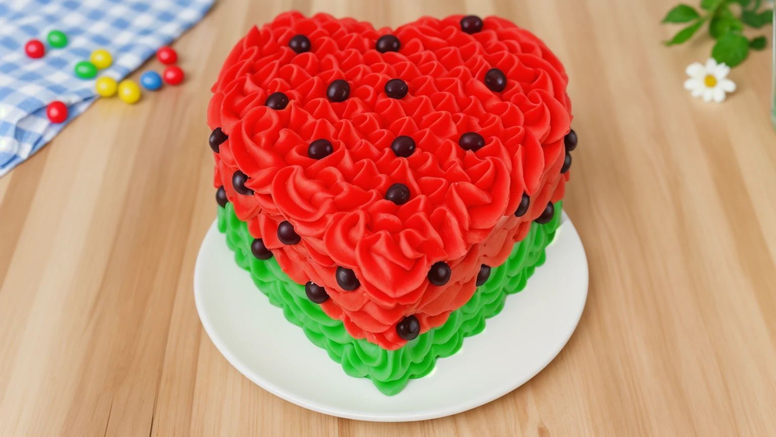 on a wooden table, on a white plate there is a heart-shaped cake made of red and green cream, star shaped cream, with black plastic beads, there is a blue checkered tablecloth on the table next to it, scattered rainbow jelly beans, chamomile lies, Multiple light sources, bright lighting, Realistic style , realistic texture, detailed texture, A high resolution, high quality, macro photo, ultra hd 4k quality.