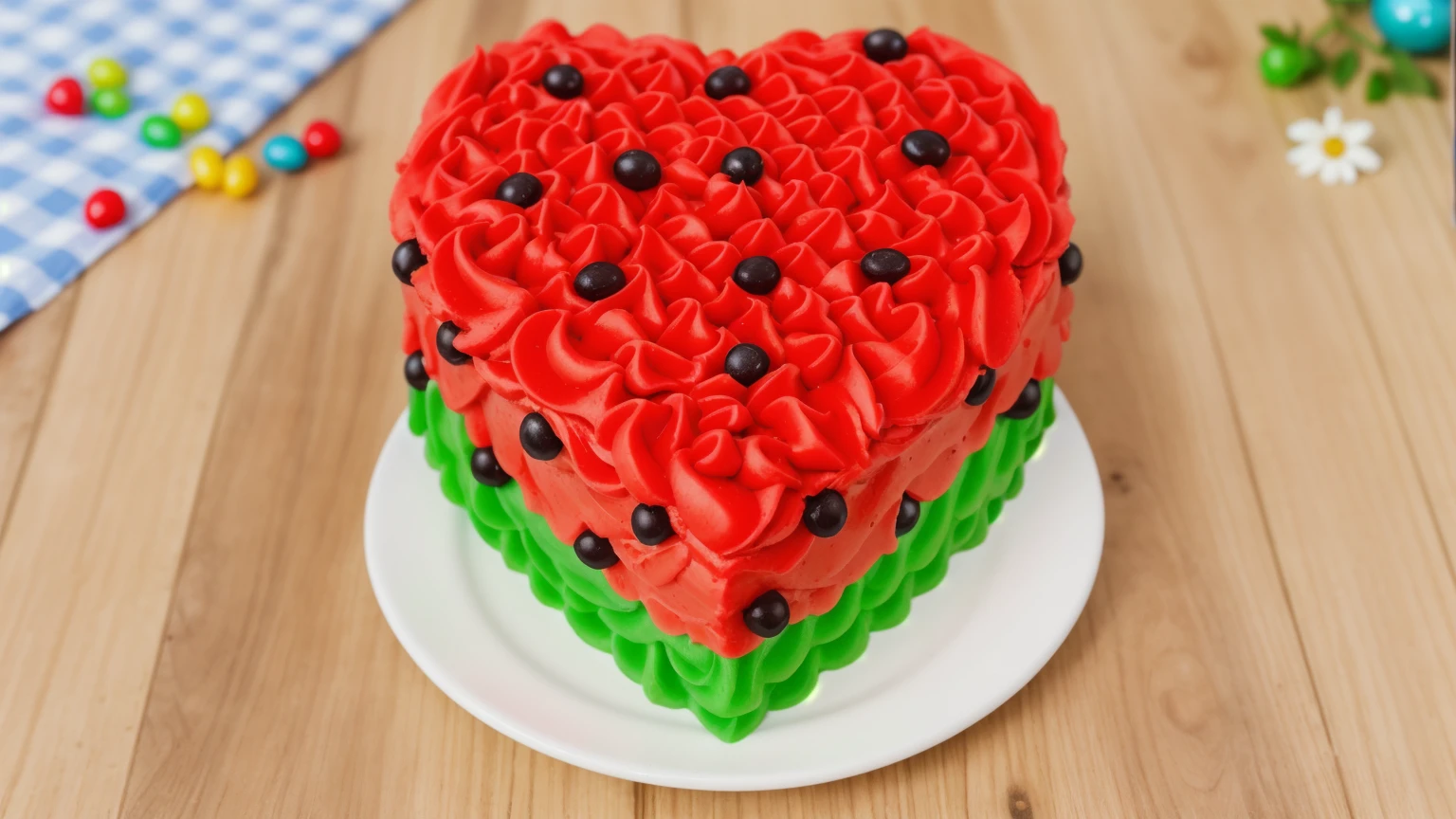 on a wooden table, on a white plate there is a heart-shaped cake made of red and green cream, star shaped cream, with black plastic beads, there is a blue checkered tablecloth on the table next to it, scattered rainbow jelly beans, chamomile lies, Multiple light sources, bright lighting, Realistic style , realistic texture, detailed texture, A high resolution, high quality, macro photo, ultra hd 4k quality.