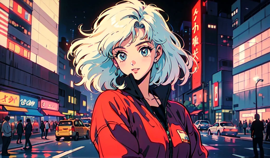 (80's, retro, city pop:1.5), (album cover), (masterpiece, best quality), (anime, illustration), (pastel colors:1.4), 
best photo pose, dynamic angle,
He has a cassette tape, is in a retro store, has bluish white hair, and has a cool impression,
girl, solo, smile, perfect detail eyes, delicate face,
City Scenes, night city, tokyo, high fashion, tying hair,
