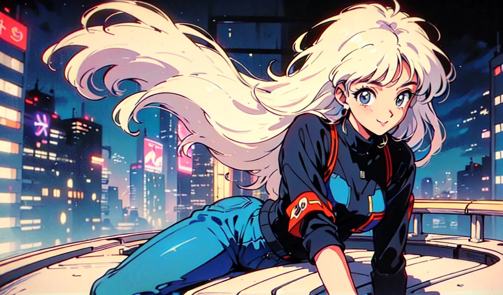 (80's, retro, city pop:1.5), (album cover), (masterpiece, best quality), (anime, illustration), (pastel colors:1.4), 
best photo pose, dynamic angle,
He has a cassette tape, is in a retro store, has bluish white hair, and has a cool impression,
girl, solo, smile, perfect detail eyes, delicate face,
City Scenes, night city, tokyo, high fashion, tying hair,