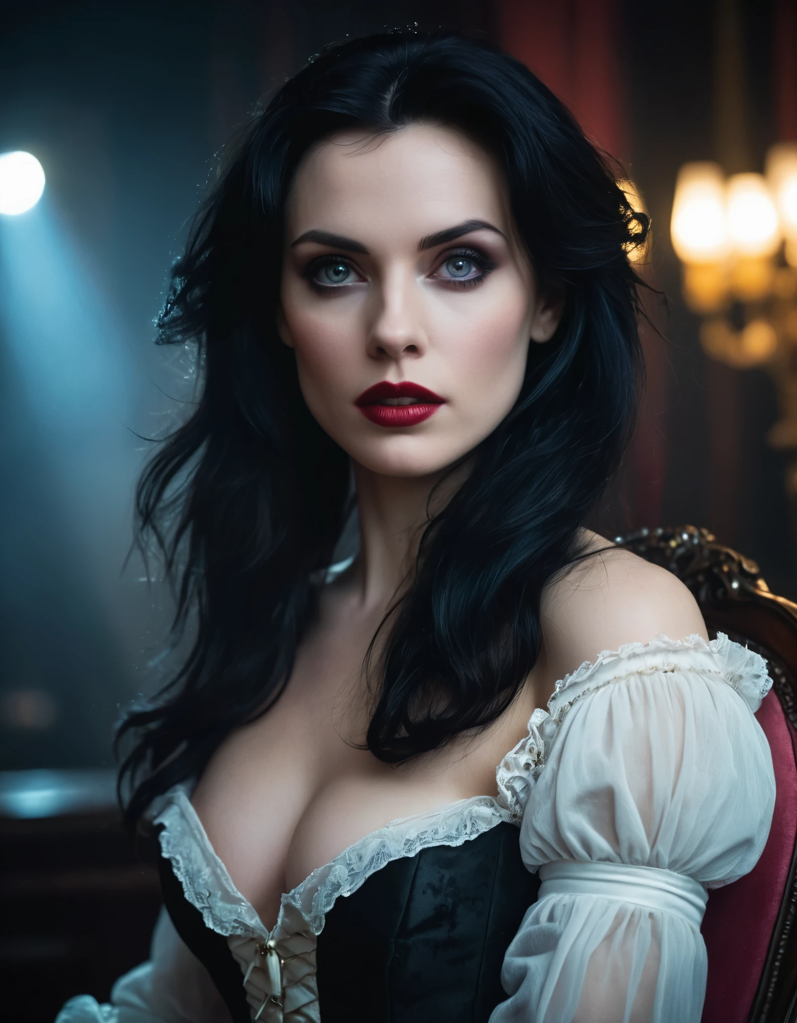 (masterpiece:1.7, best quality, ultra detailed, moonlight lights ratio, ultra realistic:1.3), Cinematic lighting:0.7, Diana, a true Ventrue, sits in an elegant colonial armchair and emerges an intimidating presence that numbs even the most sadistic MALKAVIAN. Her pale skin and small pink mouth, wearing a richly detailed corset with gold accents, contrast with her black hair, bringing an air of elegance and intimidation; (night, full moon natural lighting, Vampire The Masquerade, James O'Barr directors cut, photo by Alexander Mavrin), pale shiny skin, thin, sharp focus on rare face, perfect eyes, photorealistic, film grain, looking at camera, emphasize shoulders, foggy, misty, noir portrait, tilted, volumetric dust, key light, ray tracing, film grain ISO 800, 16 mm lens, RAW f1.8 aperture, analog photography, HDR colors, gothic interior, dark, elegant, and intimidating atmosphere