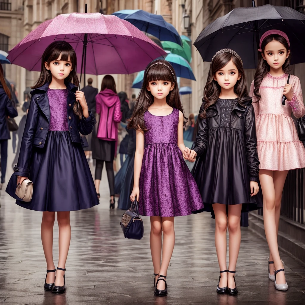 fashion designer girl clothes, standing with an umbrella,