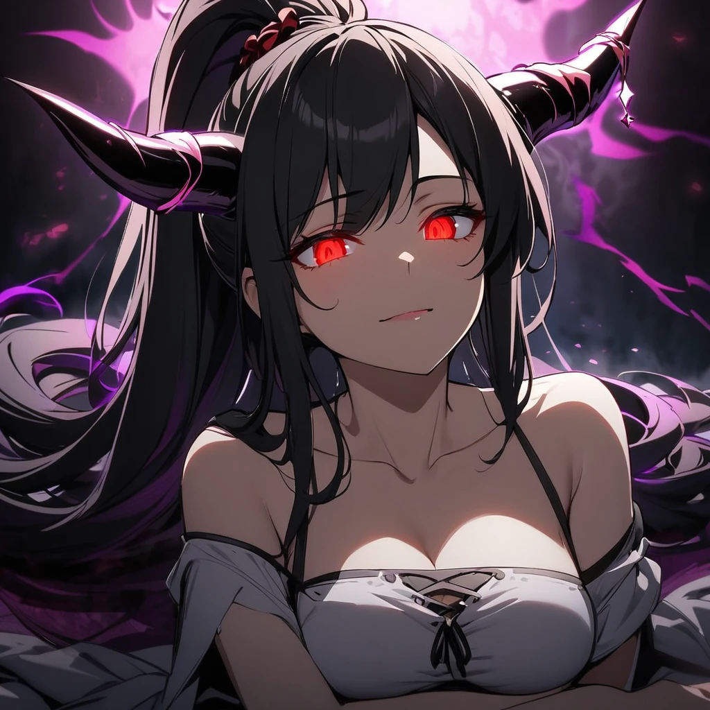 girl, ponytail. dark aura, devil horn, red eyes, glowing eyes, black hair, long hair, relaxing face, mature
