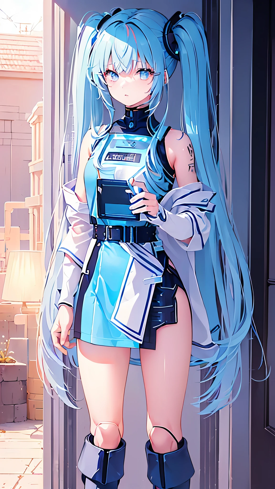 name: Yūka Hikari
Element: STELLARA
Description: A compassionate and brilliant spaceship engineer, famed for her repairs on the fallen starкраїнified vessels.kv ET arms, copper eyes that spark with interstellar knowledge, and unmistakable blue-streaked pigtails.
Prompt: ((((Advanced Mechanic, Cutting edge technology, ultra-high resolution)))), 1girl, standing, (((Doll waist, doll joints:1.3, action figure limbs:1.1, limited articulation / outfit enhancement:1))), [Prosthetic arms:Stainless copper], ((Blue-streaked pigtails)), ((asian features:0.8)), Light eyes:Glowing copper), ((Electro-highlighted AI tattoos:0.6, intricately designed clothes, Lab coat with badges of milestones, worn-in boots)), Wide shoulders, Long torso, ((Body}},.Defensive__,current view], HR:1.2, height:1.59 m, teenager, optimistic, wise, vibrant colors, ((2D View)), 17 years old, Innocent, Outgoing, Enthusiastic, Positive, Slightly Androgynous