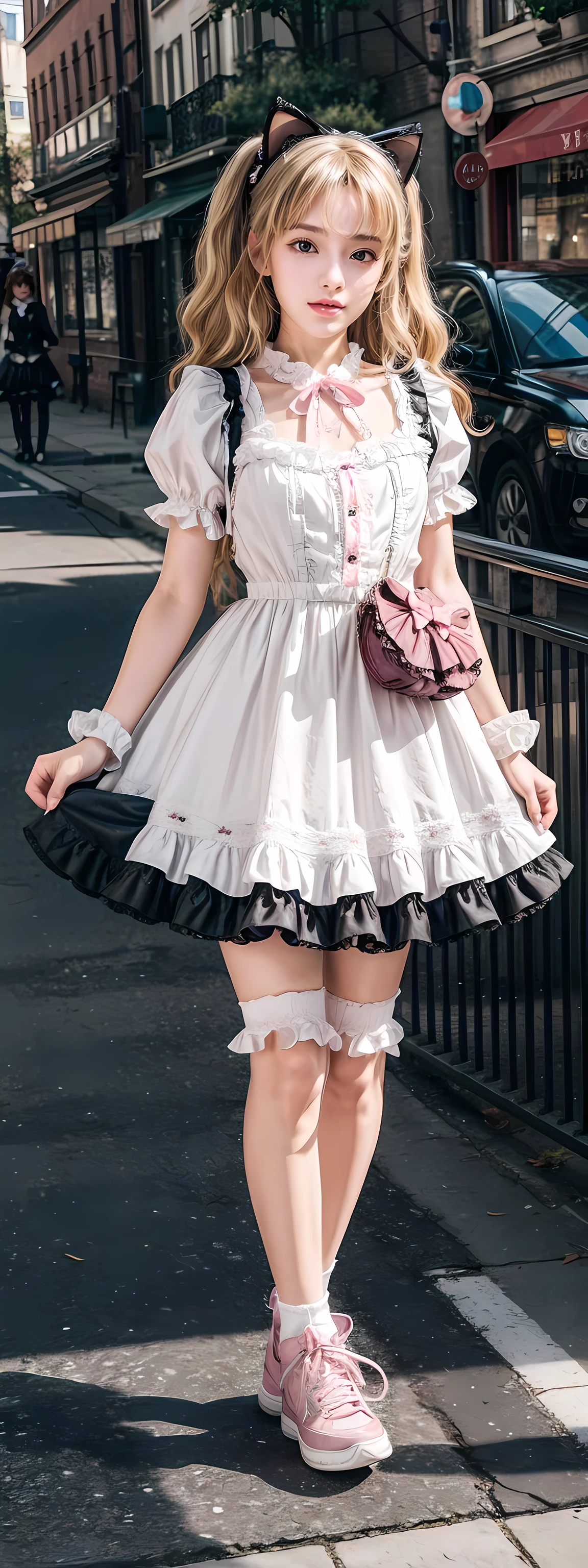 Superb detail, 8k photos, hyper-realism, professional light, realistic background, visual depth, background bokeh, wide angle lens, full body, (, cute, loli, flat cst, cat ears), 1girl, colored eyes, blonde hair, (Lolita fashion: 1.5), (lace, frilled shirt, white petticoat, sneakers), (plush toy), pink cute backpack, street, fashion
