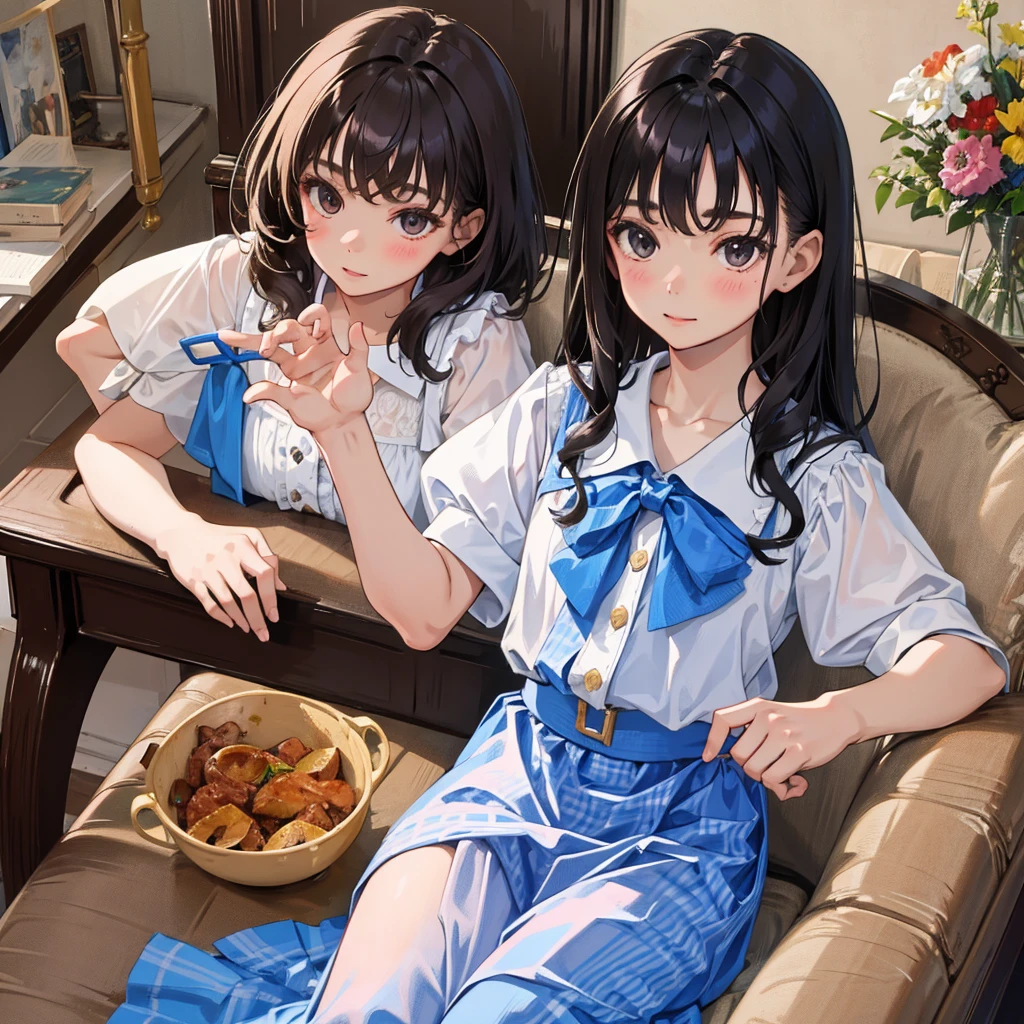 (child),(masterpiece,Highest Quality),Blouse with short sleeves,(Gingham Check Skirt),A dark-haired , Long wavy hair