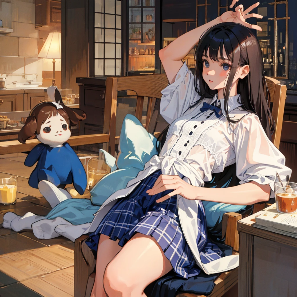 (child),(masterpiece,Highest Quality),Blouse with short sleeves,(Gingham Check Skirt),A dark-haired , Long wavy hair