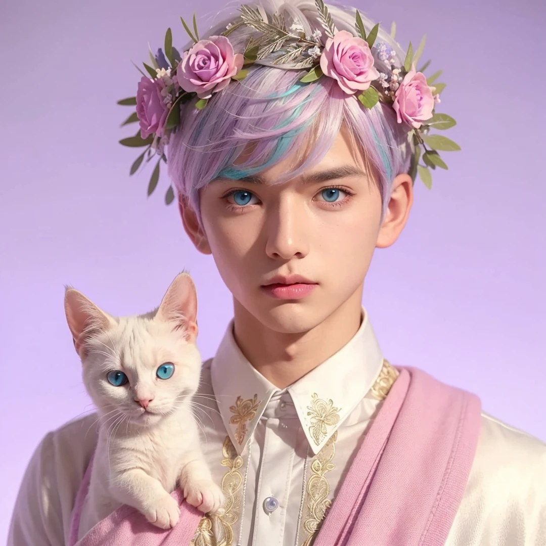 Handsome boy, white hair highlighted with turquoise pink and purple, blue eyes, wearing pink barong tagalog, white cat