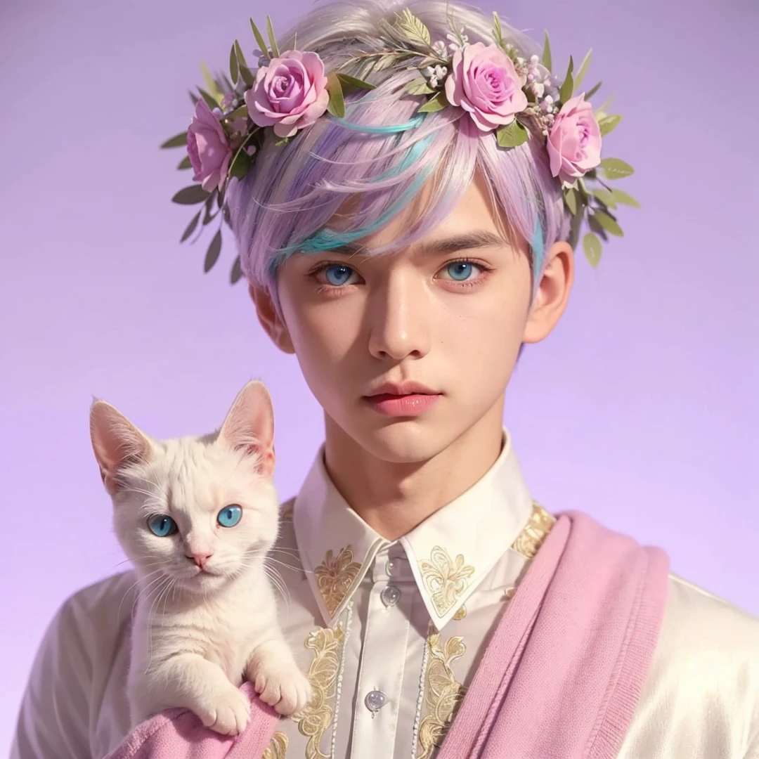 Handsome boy, white hair highlighted with turquoise pink and purple, blue eyes, wearing pink barong tagalog, white cat