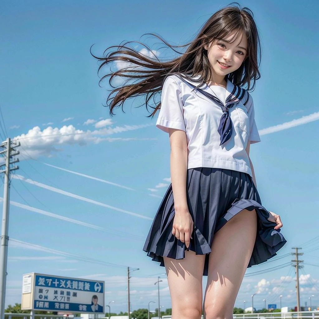 (8K, Highest quality, masterpiece:1.2), (Realistic, photo-Realistic:1.37), Ultra-detailed, 1 Girl, alone, (Her skirt flutters in the wind, exposing her panties),Beautifully detailed skies, (smile:1.2), (Grin), Beautiful and fine details, Floating hair,(seifuku:1), stockings, whole body,street,thin、A girl talking、looking at the camera、