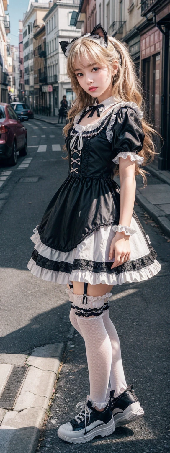 Superb detail, 8k photos, hyper-realism, professional light, realistic background, visual depth, background bokeh, wide angle lens, full body, (13 years old, cute, loli, flat chest, cat ears), 1girl, colored eyes, blonde hair, (Lolita fashion: 1.5), (lace, frilled shirt, white petticoat, sneakers), (plush toy), pink cute backpack, street, fashion