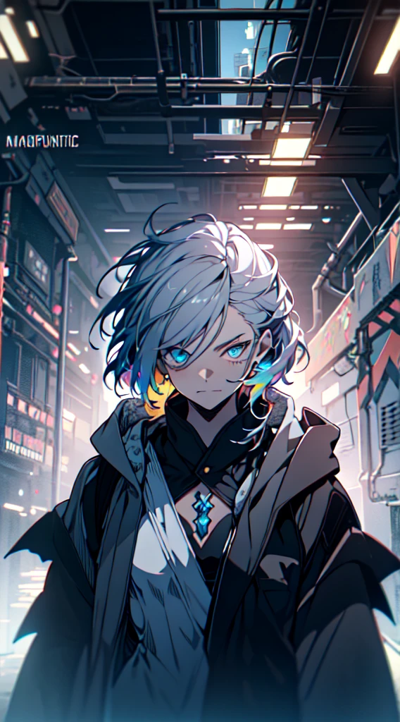 Cyberpunk woman,fansty world,background inside dark,Clean design,Epic Instagram,art stations,Colorful paint splashes,contours,Hyper-detailed intricate details,unreal-engine,fanciful,Complicated details,splash image,complementary colours,fantasy concept art,8K分辨率,A masterpiece of deviantart,oil painted,Heavy strokes,paint drips,(Isolate on a white background:1.3),Rainbow skins,(((Sexy young man))), ((age:1.5)), (Glowing red eyes), ((Eyes have light)),((((Short gray hair:1.1))), ((black-clad)), (a queen\\(Indifferent expression\\),, (((Wearing a luxurious black robe with high details))), A head of white hair,Dark magic,((nedium breasts) --v 6