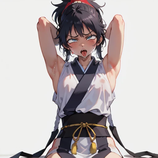 1girl, (masterpiece:1.3), (high resolution), (8K), (extremely detailed), (4k), (pixiv), perfect face, nice eyes and face, (best quality), (super detailed), detailed face and eyes, (solo), textured skin, absurdres, highres, wzkomachine, white eyes, large breasts, sash, bike shorts, short sleeves, bangs, black gloves, fingerless gloves, long hair, black hair,ponytail, japanese clothes, kimono, sitting on floor, looking at viewer,Nipple exposure,Sexy, flirtatious, Solitary, Side breast,eternity, - Hip vents, No underwear,Small Breasts, No eyeballs, Also available in black, low twin braids,Facing the audience, looking at the audience, tired, from below, (Exposed armpit:1.1), ((armpit:1.2)), sexy, Sweating, More and more sweat,(ahegao), (Roll your eyes), Naughty face, blush, open mouth, Sticking out tongue, saliva, Slobber,Skinny, raise arms, (arms above head:1.5)