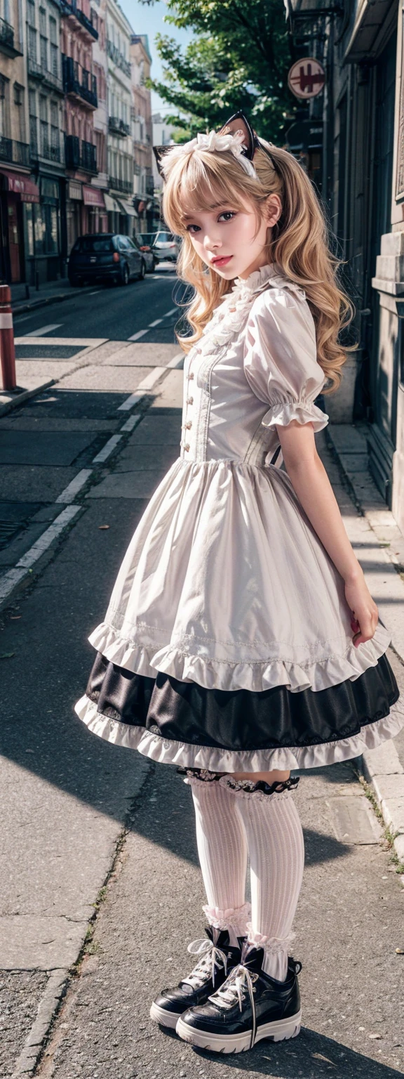 Superb detail, 8k photos, hyper-realism, professional light, realistic background, visual depth, background bokeh, wide angle lens, full body, (13 years old, cute, loli, flat chest, cat ears), 1girl, colored eyes, blonde hair, (Lolita fashion: 1.5), (lace, frilled shirt, white petticoat, sneakers), (plush toy), pink cute backpack, street, fashion
