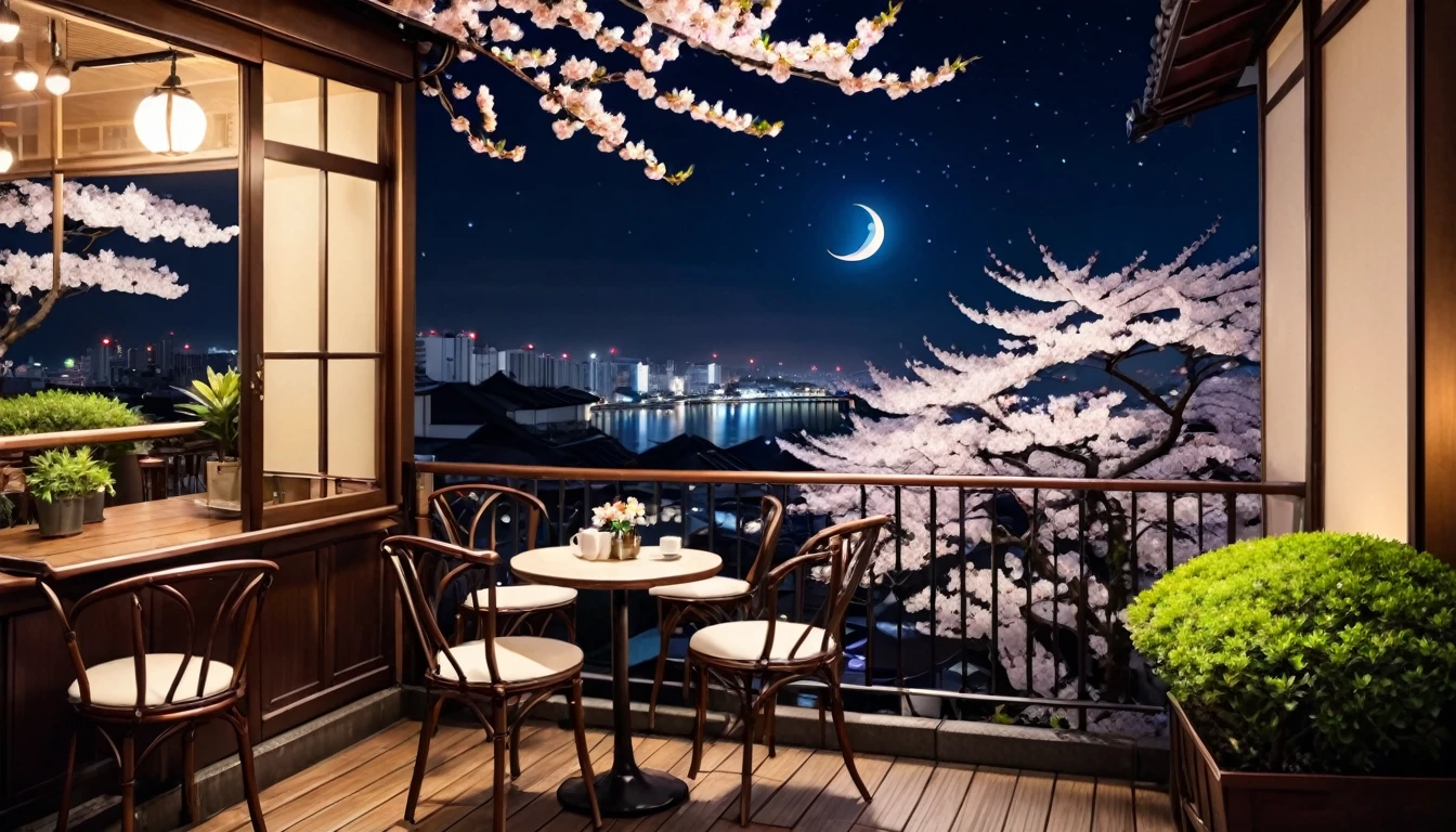 Tokyo at night, balcony of a cafe with a calm atmosphere, night view, night cherry blossoms, crescent moon and shining stars, chairs and tables, ornamental plants,