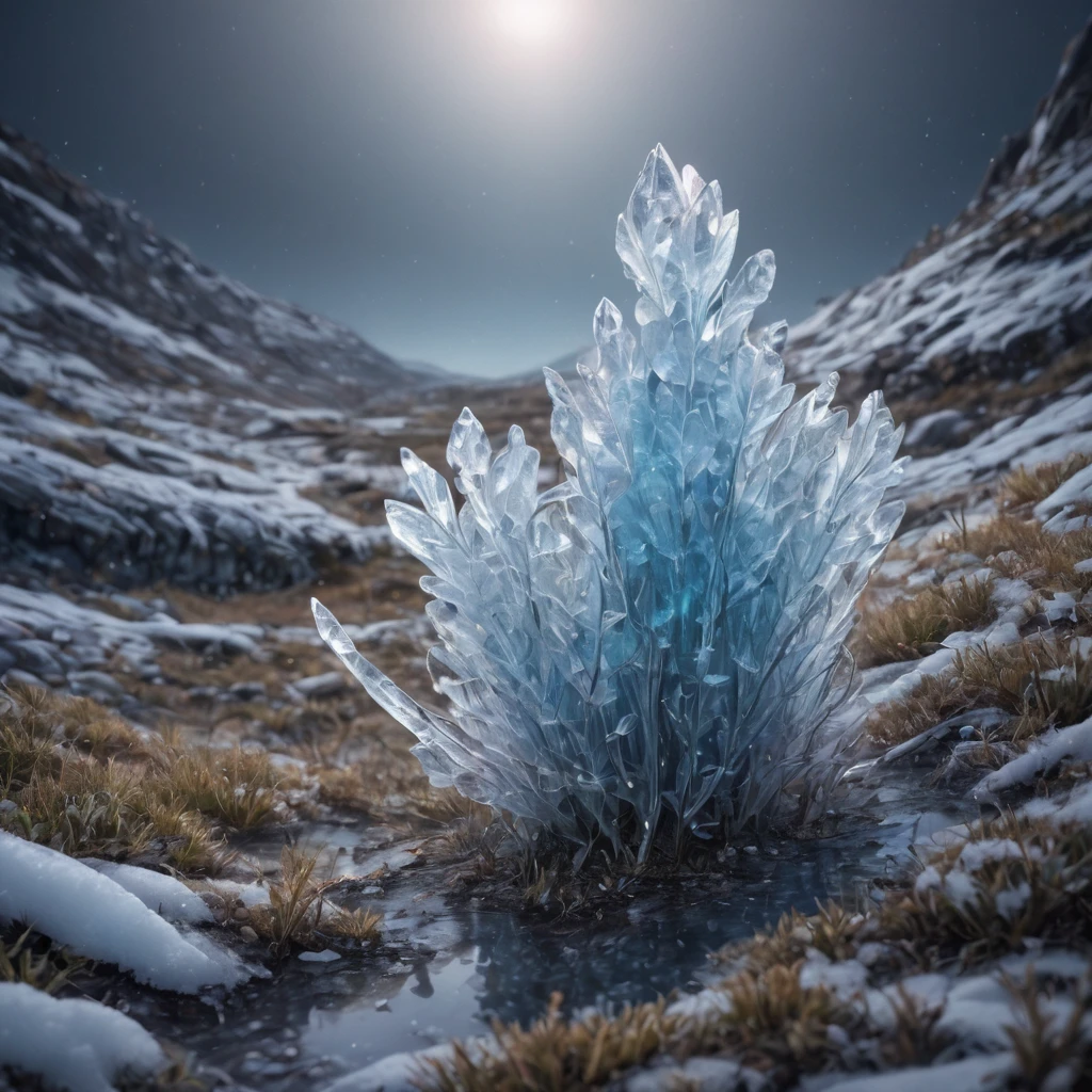 Create an image of a rare plant called Shiverbug, which grows exclusively in the remote, icy regions of the Arctic tundra. The plant should have luminescent, crystalline leaves that emit a bluish glow under the moonlight, and delicate, silver-colored stems that appear to be made of ice. The Shiverbug plant grows in small clusters hidden among snowdrifts and ice blocks. During the day, it appears almost transparent, but at night, it reveals its magical nature with a flickering brightness that attracts Arctic night birds and insects. The scene should depict a snowy, moonlit Arctic landscape with Shiverbug plants standing out as small, glowing jewels amidst the harsh and barren environment.