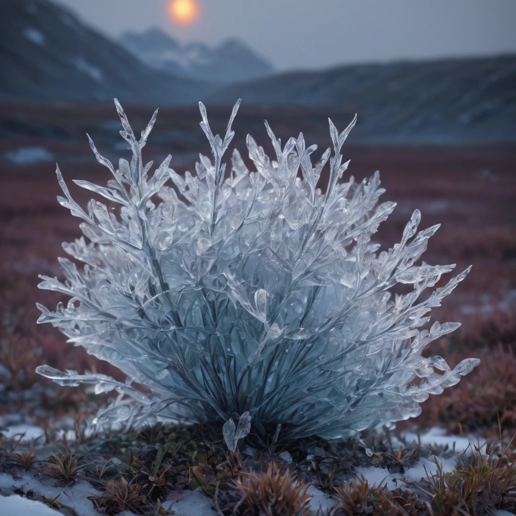 Create an image of a rare plant called Shiverbug, which grows exclusively in the remote, icy regions of the Arctic tundra. The plant should have luminescent, crystalline leaves that emit a bluish glow under the moonlight, and delicate, silver-colored stems that appear to be made of ice. The Shiverbug plant grows in small clusters hidden among snowdrifts and ice blocks. During the day, it appears almost transparent, but at night, it reveals its magical nature with a flickering brightness that attracts Arctic night birds and insects. The scene should depict a snowy, moonlit Arctic landscape with Shiverbug plants standing out as small, glowing jewels amidst the harsh and barren environment.