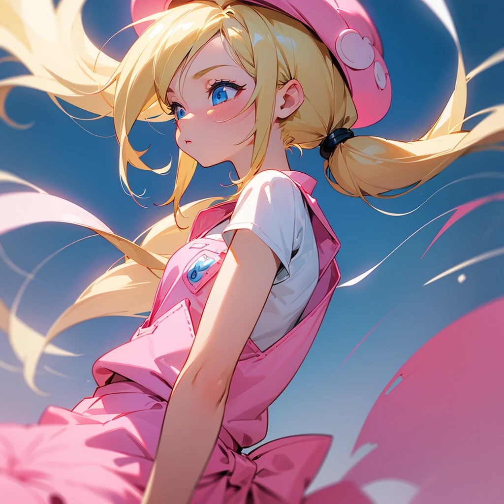 1 adult girl, blue eyes, Blonde, hair in two pigtails, pink vests, pink dress with white overalls, a pink hat on her head, in a calm and sweet environment, photography as for social media profile, Dragon Ball Z style and design, especially in the eyes