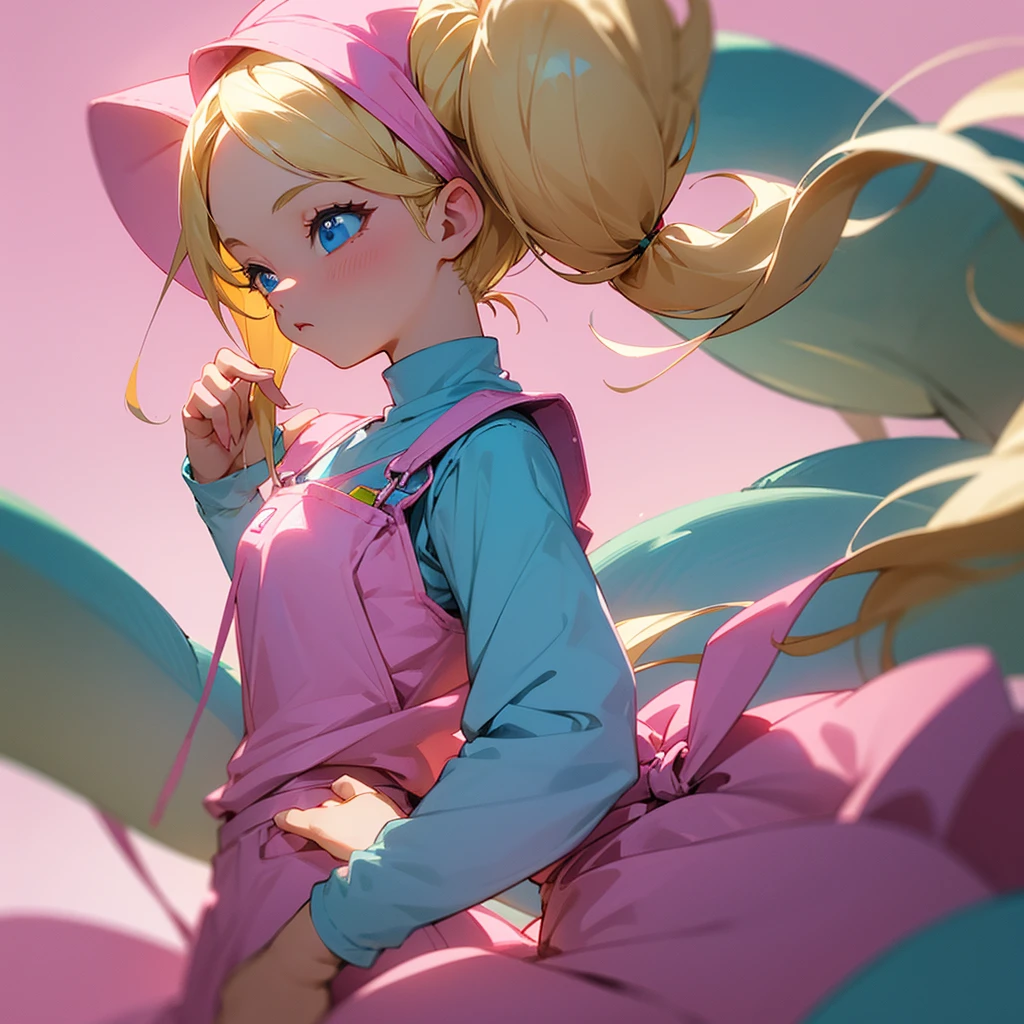 1 adult girl, blue eyes, Blonde, hair in two pigtails, pink vests, pink dress with white overalls, a pink hat on her head, in a calm and sweet environment, photography as for social media profile, Dragon Ball Z style and design, especially in the eyes