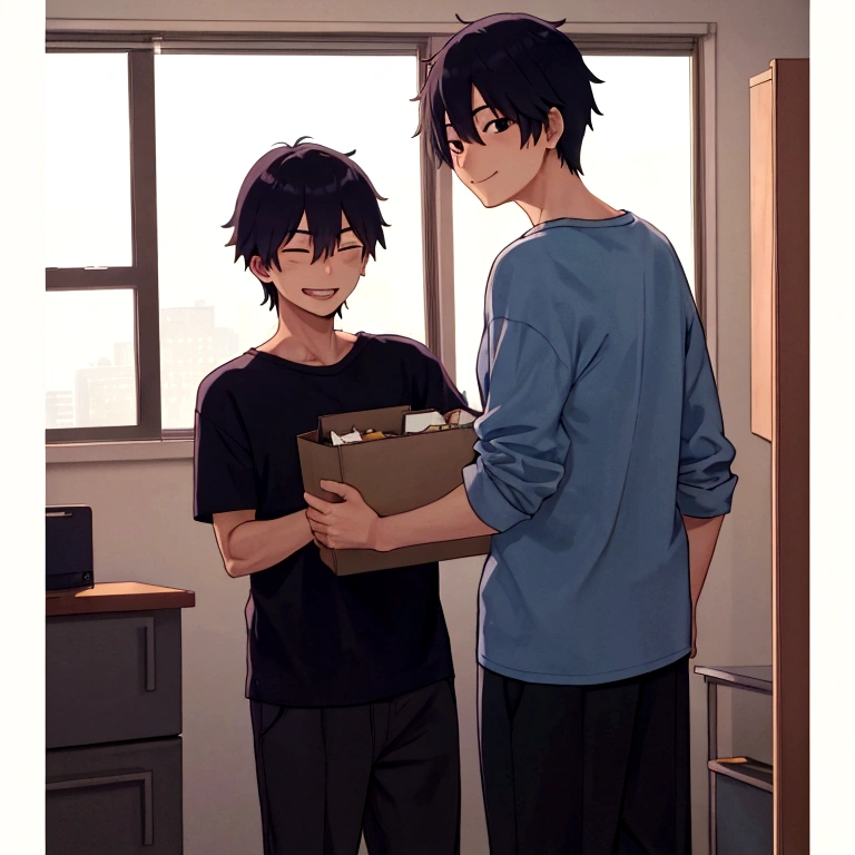 Kenji is in a college dorm, unpacking your things. A roommate, Takashi, enter and smile friendly.