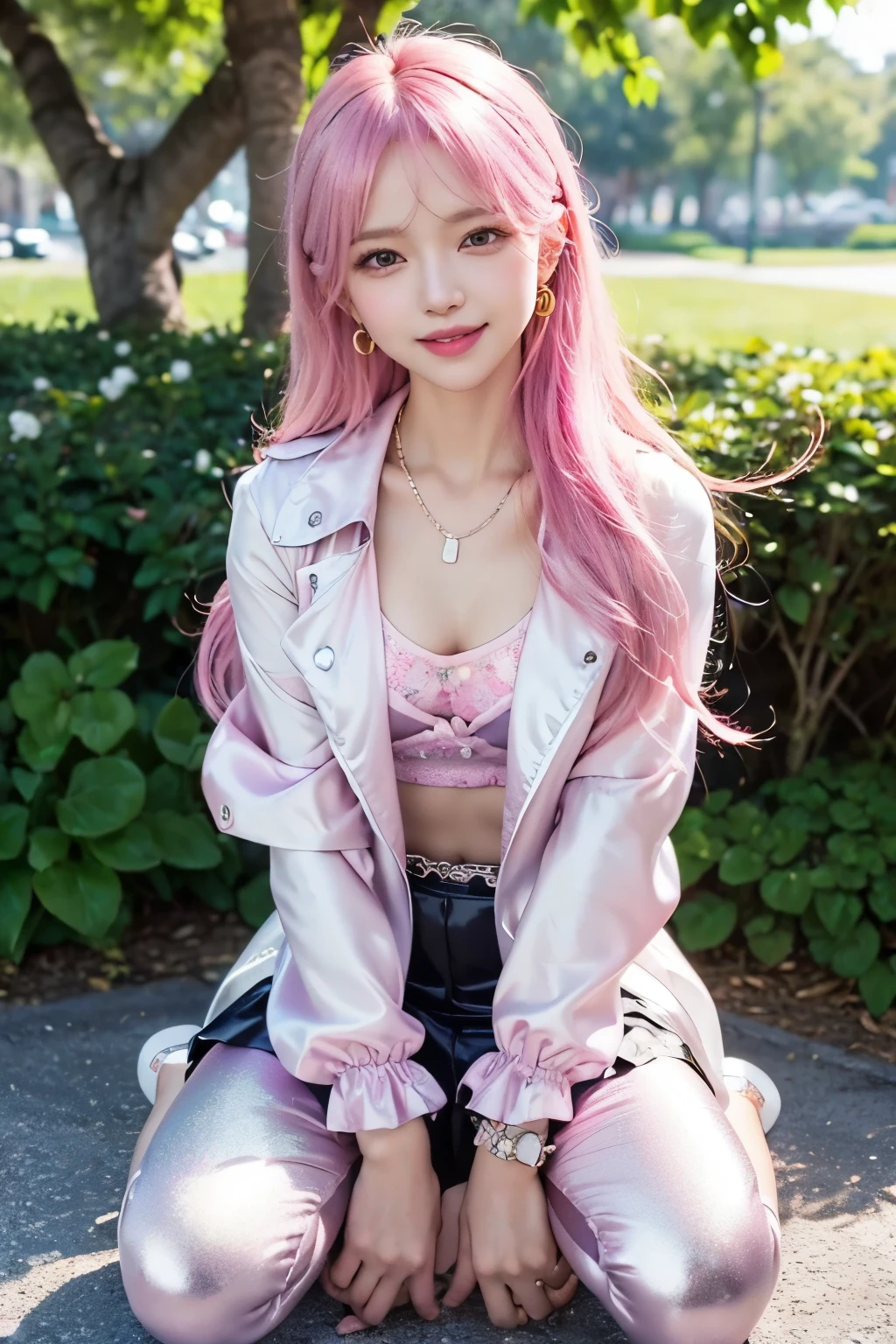 (8K, top-quality, masterpiece:1.2), (reallistic, Photorealsitic:1.37), Super Detail, One girl,), (Highly detailed), (beautifully detailed eyes), (of the highest quality), (super detailed ), (masterpiece), (Detailed face),20yr old, ,1 girl, ((pink hair,long hair)), medium breasts, clothed, Perfect Lighting, BREAK, (white:1.3), (sky blue:1.2), (leather:1.2), (soft leather:1.2), (satin:1.1), (silk:1.1), (jacket:1.2), (silver rider jacket:1.3), (white leather jacket:1.3), (wide leg pants:1.3), (white wide leg pants:1.3), (sky blue silk blouse:1.3), (blue silk:1.2), (heroine:1.2), (Jetman heroine:1.2), (Japanese tokusatsu heroine:1.1), (elegant:1.1), (cool:1.1), BRAKE, (upper body to knees:1.2), (long pink hair:1.2), (smiling:1.2), (facing diagonally:1.1), (dynamic pose:1.2), (city park:1.2), (blue sky:1.2), (natural light:1.2), BRAKE