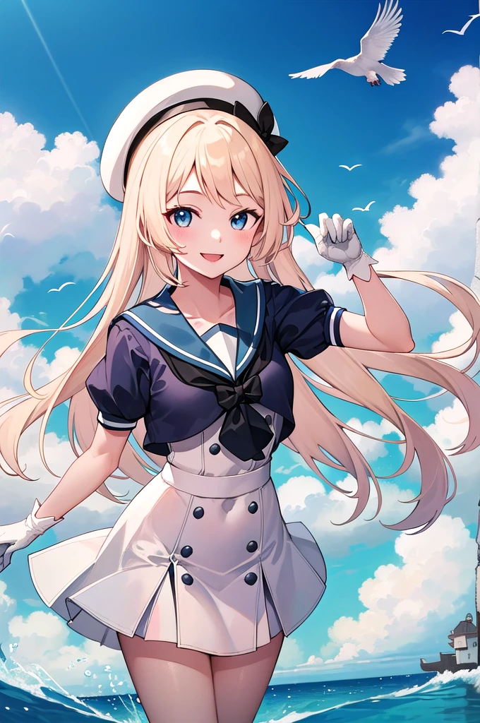 (Highest quality, 4K, masterpiece :1.3), (smile:1.3)、 1 Girl,pretty girl、cute、View your viewers、Sailor Hat、uniform、gloves、Ocean、Seagull