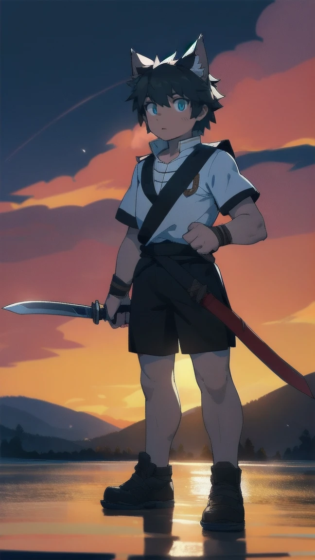 White Wolf，black hair，Sky blue eyes，hairy，Wolf ears，Wolf tail，Full body portrait，The character is in the center of the frame，Handsome，Confident eye***but，juvenile，Black and white combat uniform，Red neck bib，Black shorts，Short sleeve，hairy arms and legs，Dark background，Dark battlefield，dawn，sunrise，dawn，illumination，shadow，Swordsman，Scabbard and Hold the hilt of a in your hand，The scabbard is at the waist，Highest quality,A tall stature