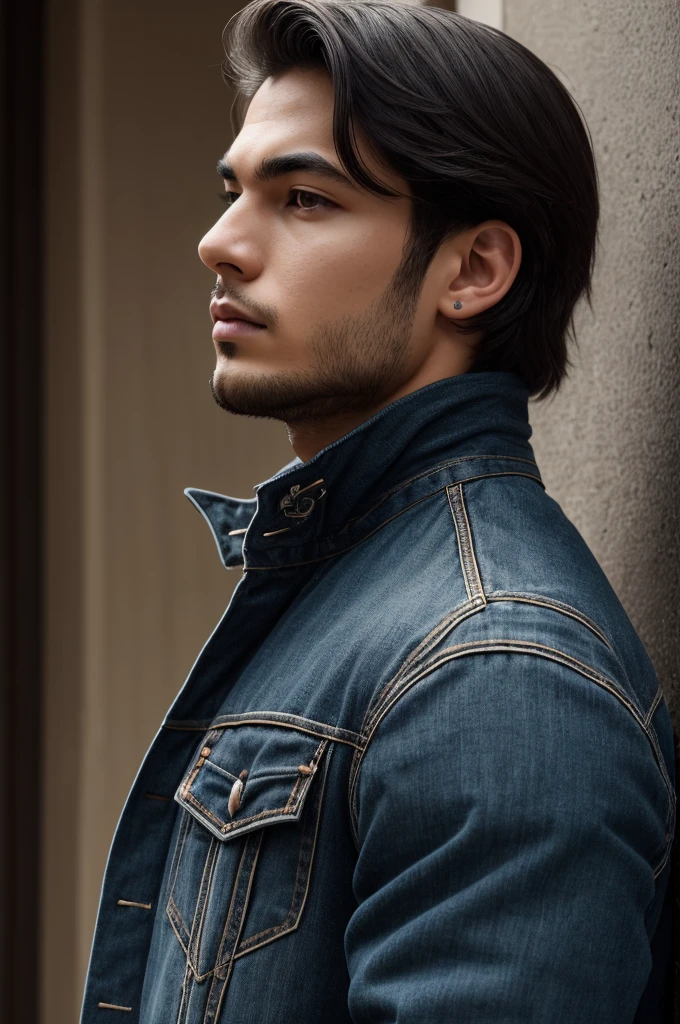 There is a young man, with black hair, staring to the side, with gloomy air, masterpiece, best quality, realistic, 1 man, male focus, handsome, [thick eyebrows], portrait, extremely detailed face, black hair, (short hair)