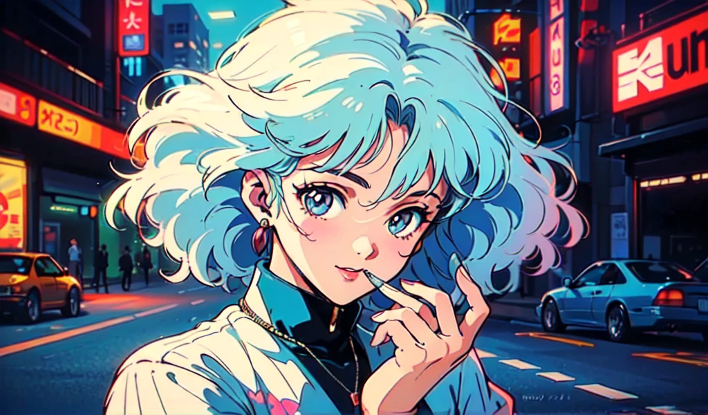 (80's, retro, city pop:1.5), (album cover), (masterpiece, best quality), (anime, illustration), (pastel colors:1.4), 
best photo pose, dynamic angle,
He has a cassette tape, is in a retro store, has bluish white hair, and has a cool impression,
girl, solo, smile, perfect detail eyes, delicate face,
City Scenes, night city, tokyo, high fashion, tying hair,Drive in a red sports car,
