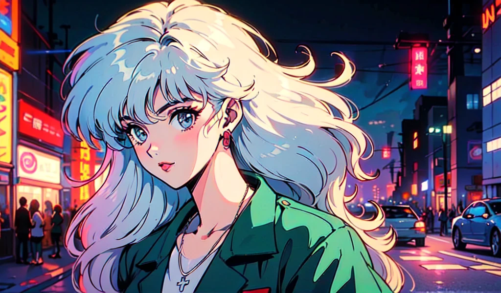 (80's, retro, city pop:1.5), (album cover), (masterpiece, best quality), (anime, illustration), (pastel colors:1.4), 
best photo pose, dynamic angle,
He has a cassette tape, is in a retro store, has bluish white hair, and has a cool impression,
girl, solo, smile, perfect detail eyes, delicate face,
City Scenes, night city, tokyo, high fashion, tying hair,Drive in a red sports car,
