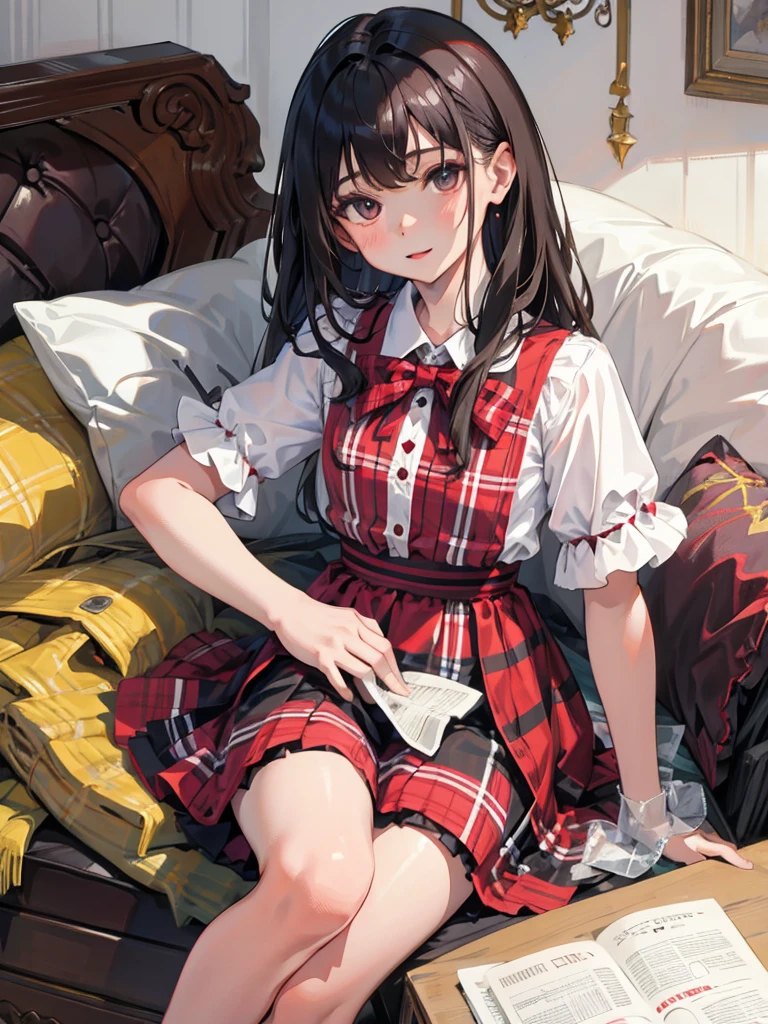(child),(masterpiece,Highest Quality),Blouse with short sleeves,(Gingham Check Skirt),A dark-haired , Long wavy hair