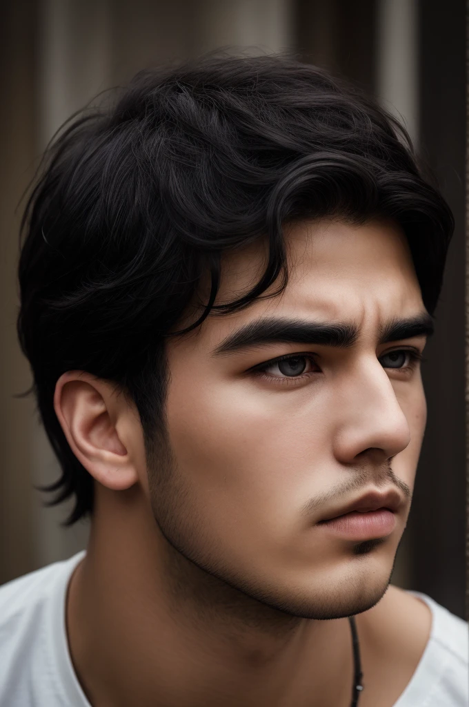 There is a young man, with black hair, staring to the side, with gloomy air, masterpiece, best quality, realistic, 1 man, male focus, handsome, [thick eyebrows], portrait, extremely detailed face, black hair, (short hair)