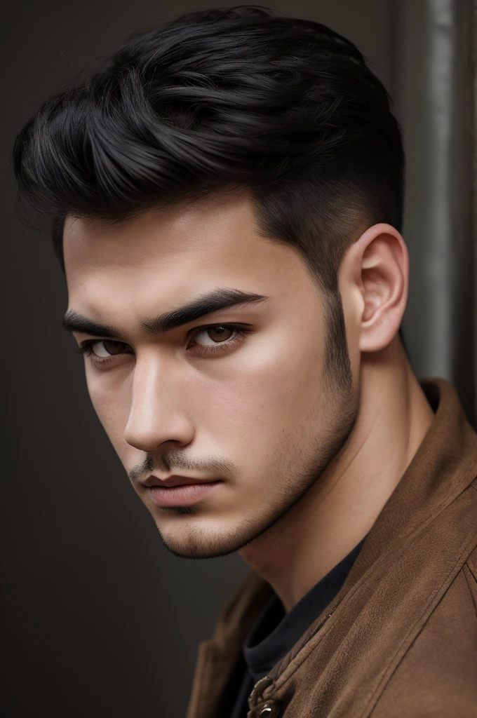 There is a young man, with black hair, staring to the side, with gloomy air, masterpiece, best quality, realistic, 1 man, male focus, handsome, [thick eyebrows], portrait, extremely detailed face, black hair, (short hair)